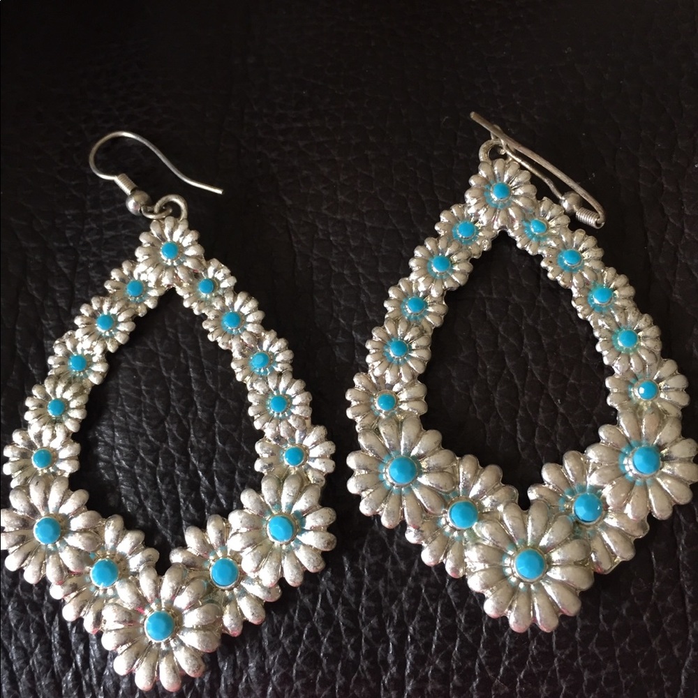 White metal Earrings with blue enamel.